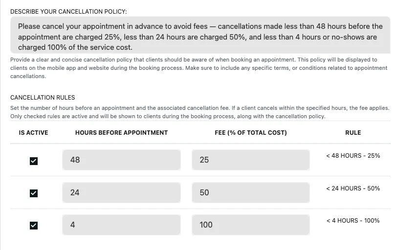 Addebito per assenza e cancellazione tardiva