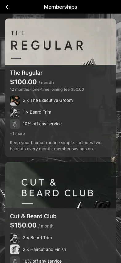 Piani di abbonamento nell'app brandizzata di un barbershop